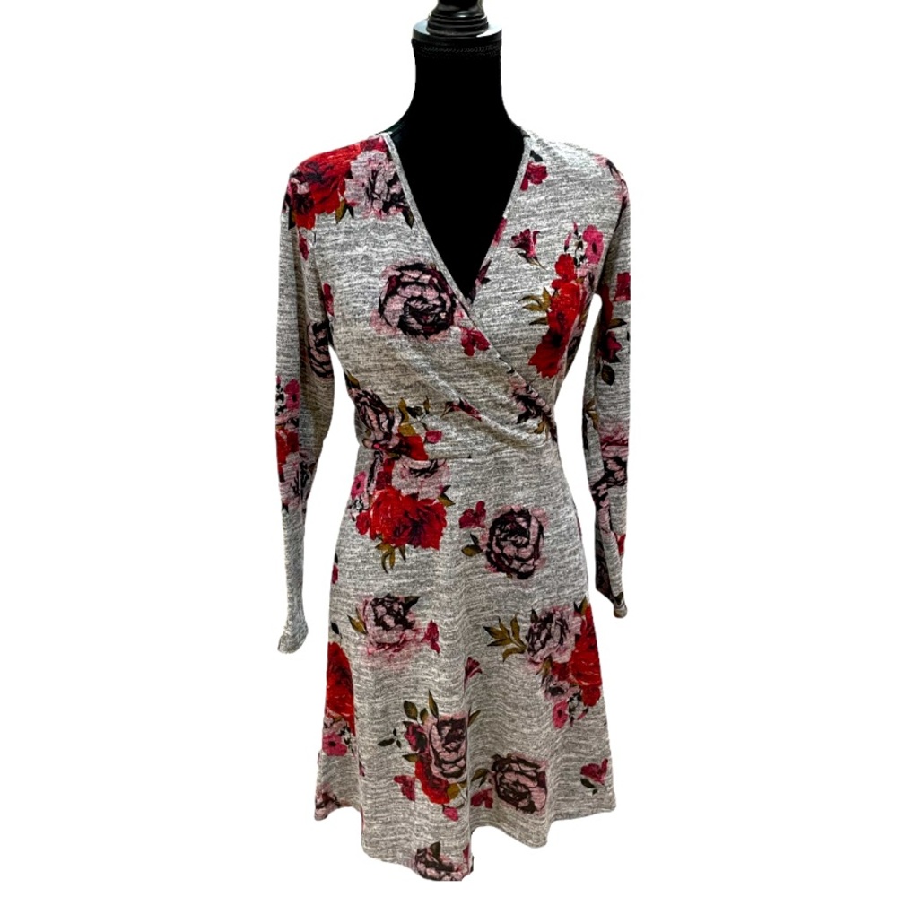 Candies Grey and Pink Floral Long Sleeve Dress with Open Back